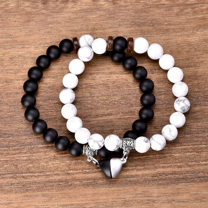 2PCS Howlite & Onyx Heart Couple Bracelets – Valentine's Day Gift