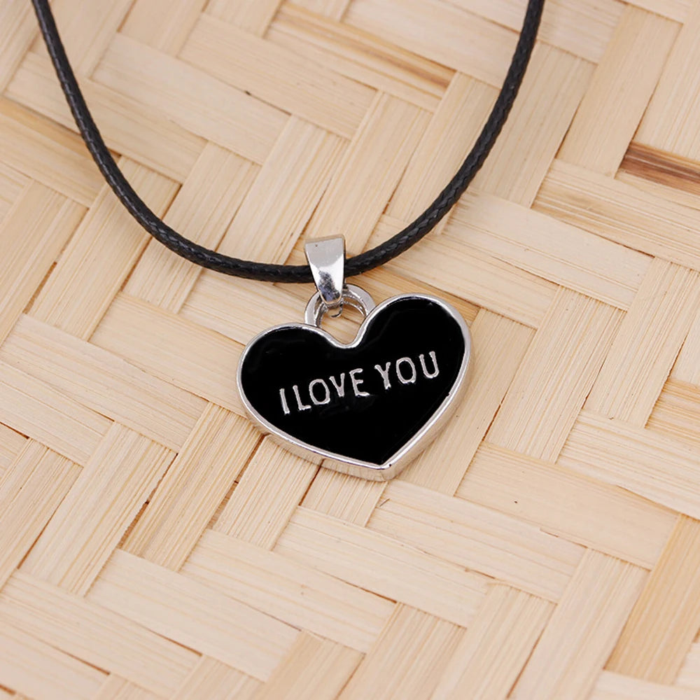 Black & White 'I Love You Forever' Heart Couple Necklace Set