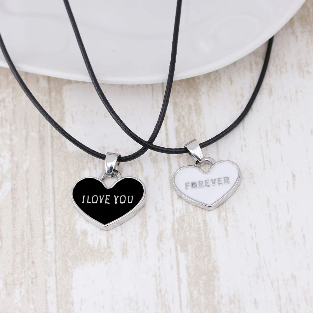 Black & White 'I Love You Forever' Heart Couple Necklace Set