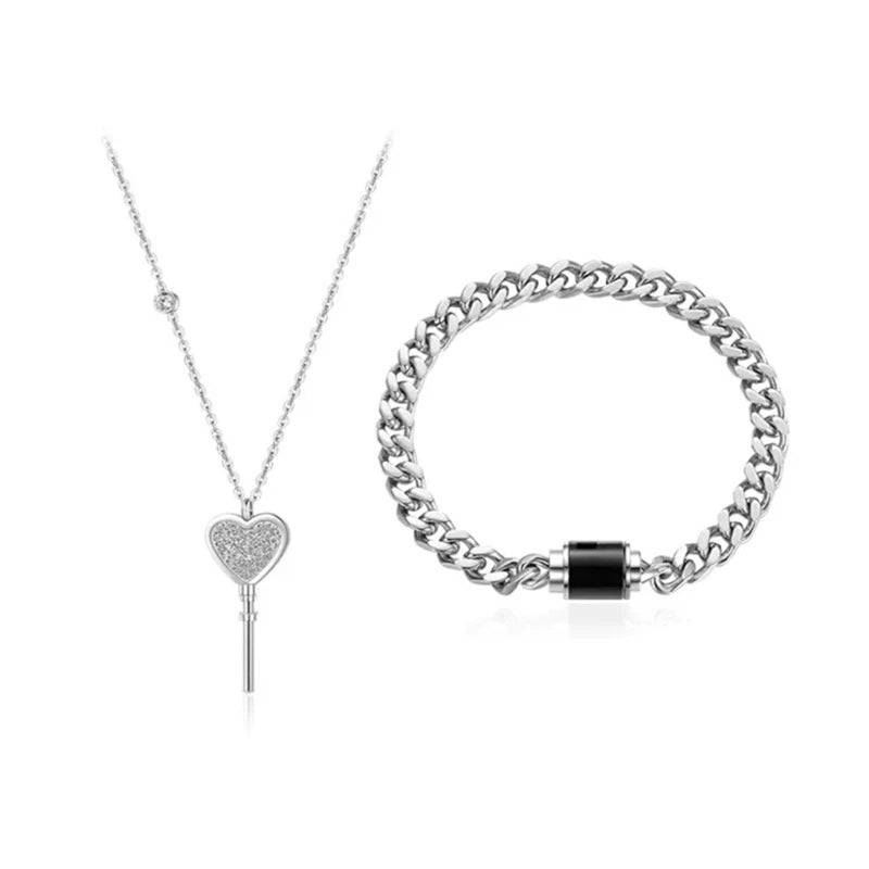 2PCS Heart Key Necklace & Lock Bracelet Couple Jewelry