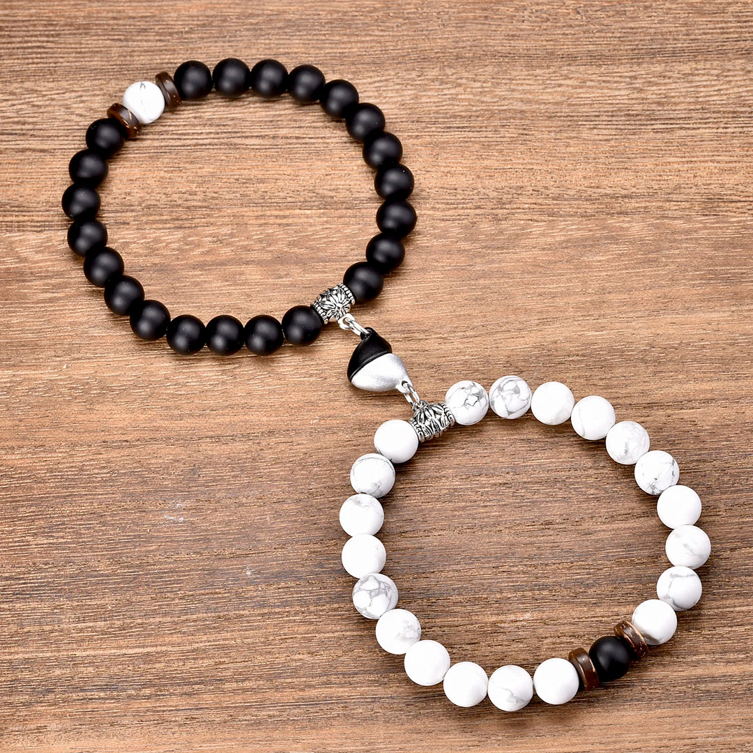 2PCS Howlite & Onyx Heart Couple Bracelets – Valentine's Day Gift