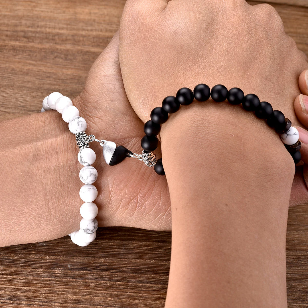 2PCS Howlite & Onyx Heart Couple Bracelets – Valentine's Day Gift