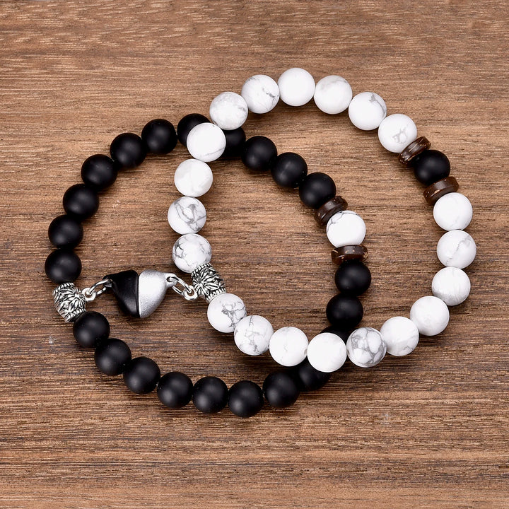 2PCS Howlite & Onyx Heart Couple Bracelets – Valentine's Day Gift