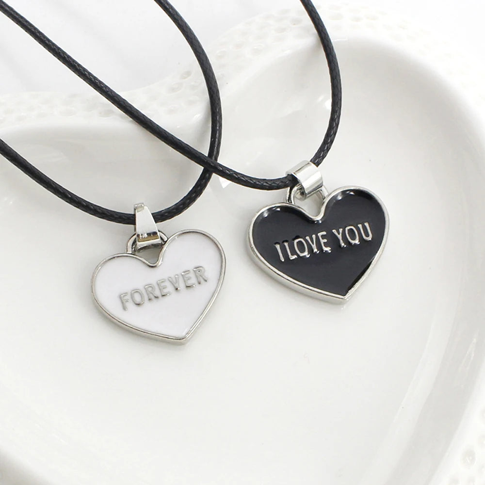 Black & White 'I Love You Forever' Heart Couple Necklace Set