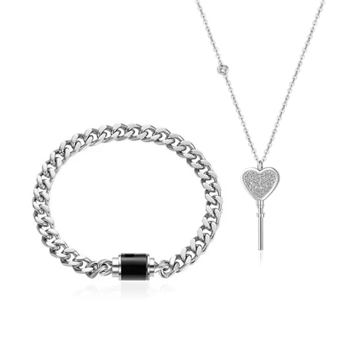 2PCS Heart Key Necklace & Lock Bracelet Couple Jewelry