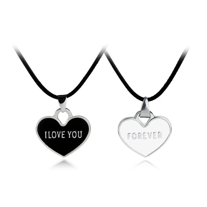 Black & White 'I Love You Forever' Heart Couple Necklace Set