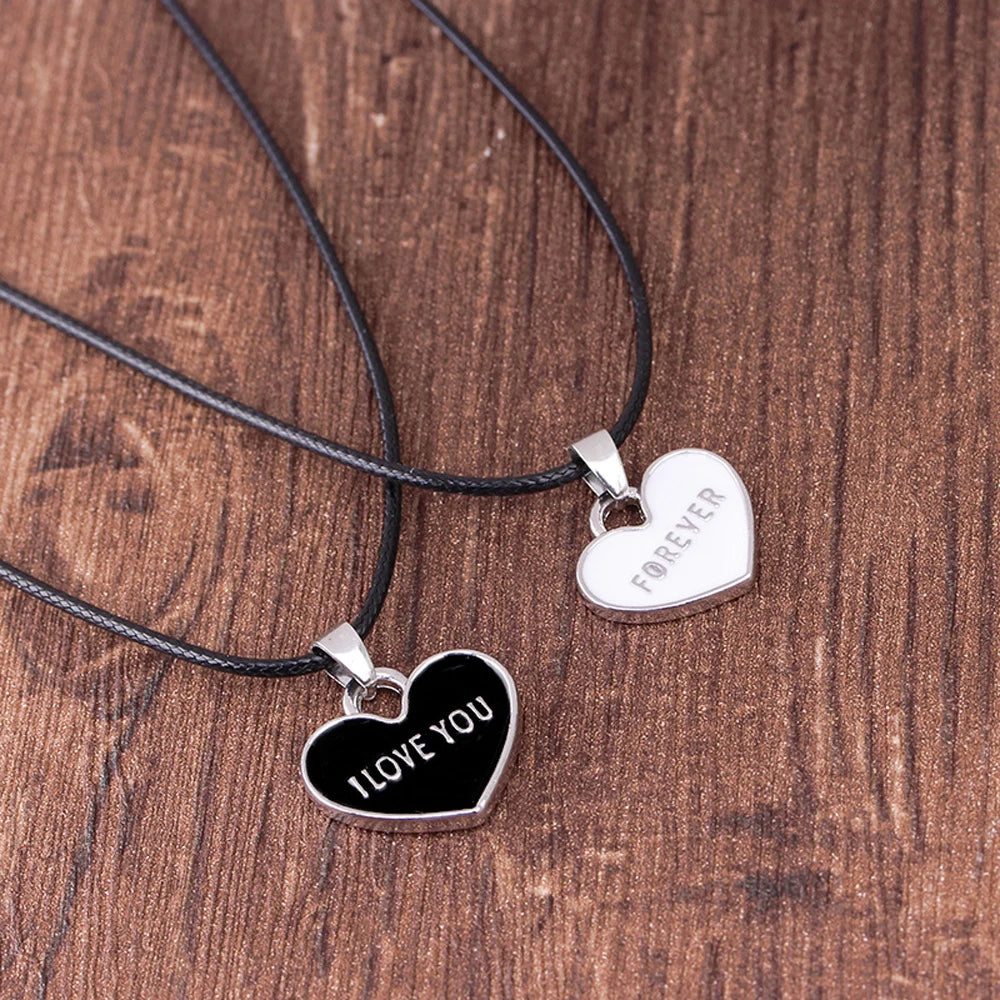 Black & White 'I Love You Forever' Heart Couple Necklace Set