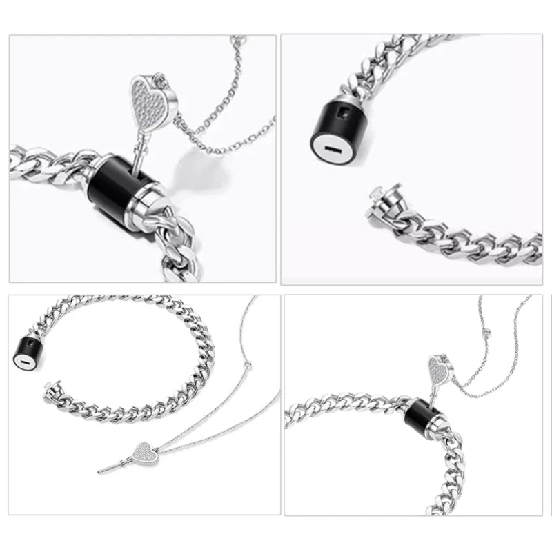 2PCS Heart Key Necklace & Lock Bracelet Couple Jewelry